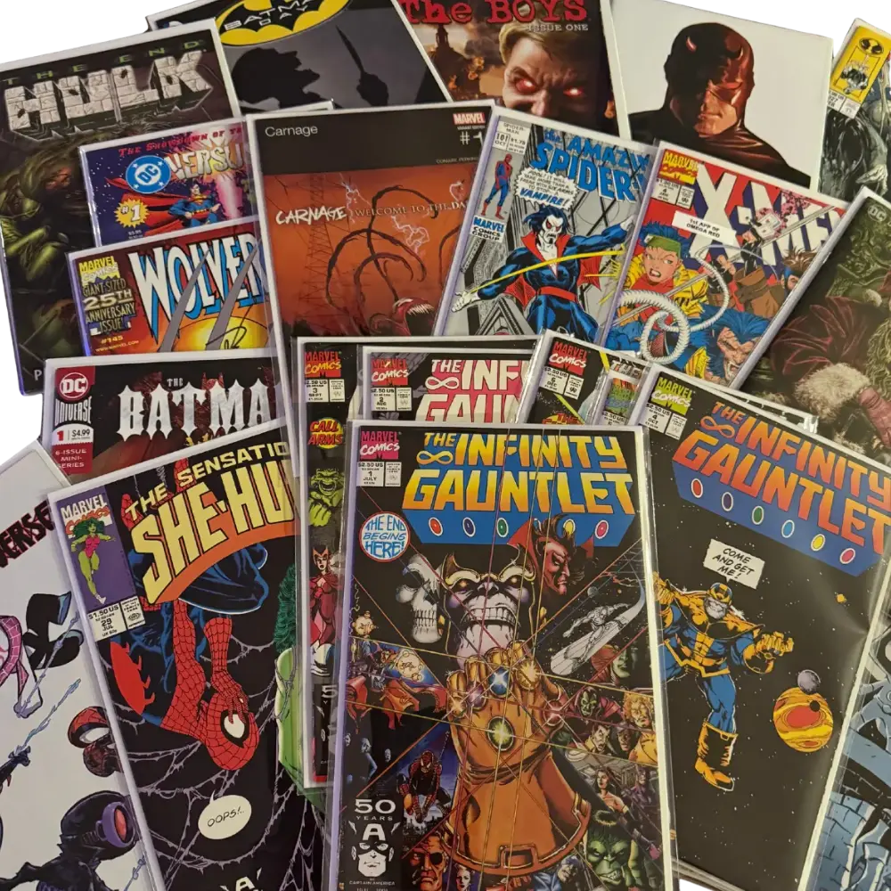 An assortment of bagged and boarded comic issues from a collection