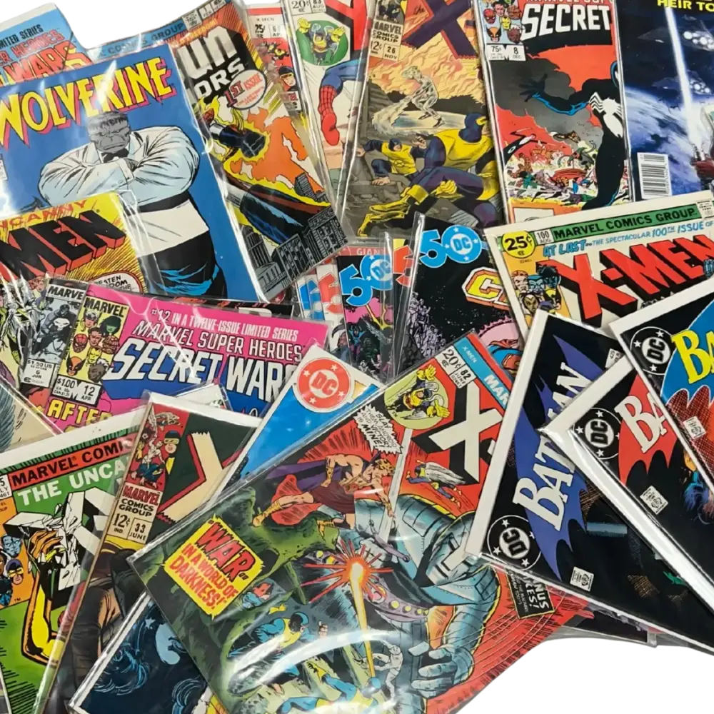 Stacked comic issues spread out for appraisal