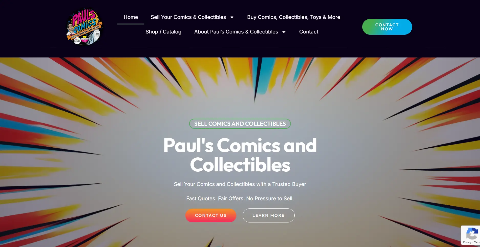 Homepage of the Paul's Comics and Collectibles website, with the headline Sell Your Comics and Collectibles with a Trusted Buyer over a comic burst background